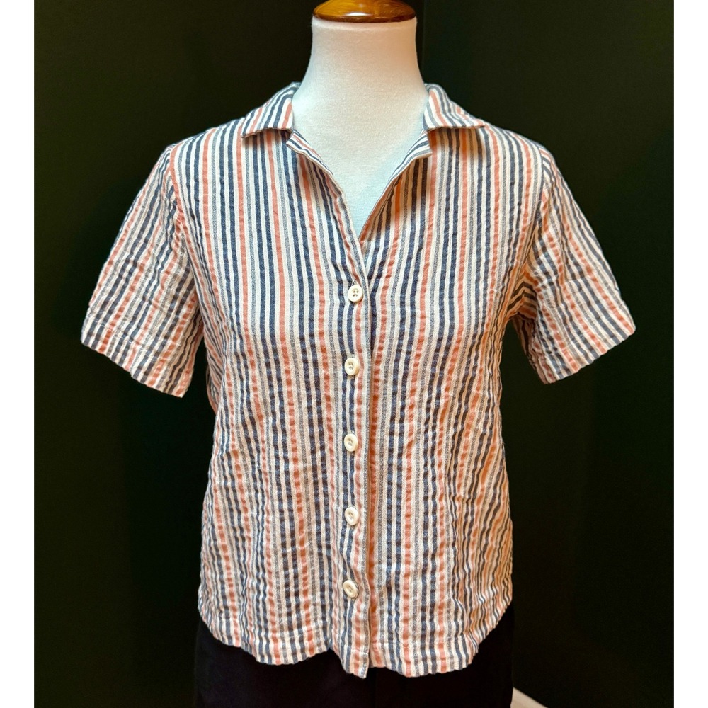 ana a new approach striped button up short sleeve collared blouse Women's S